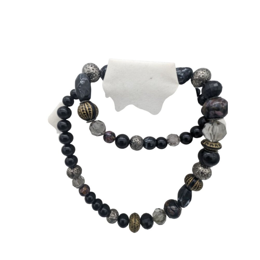 KR beaded necklace black silver tone beads 17" boho